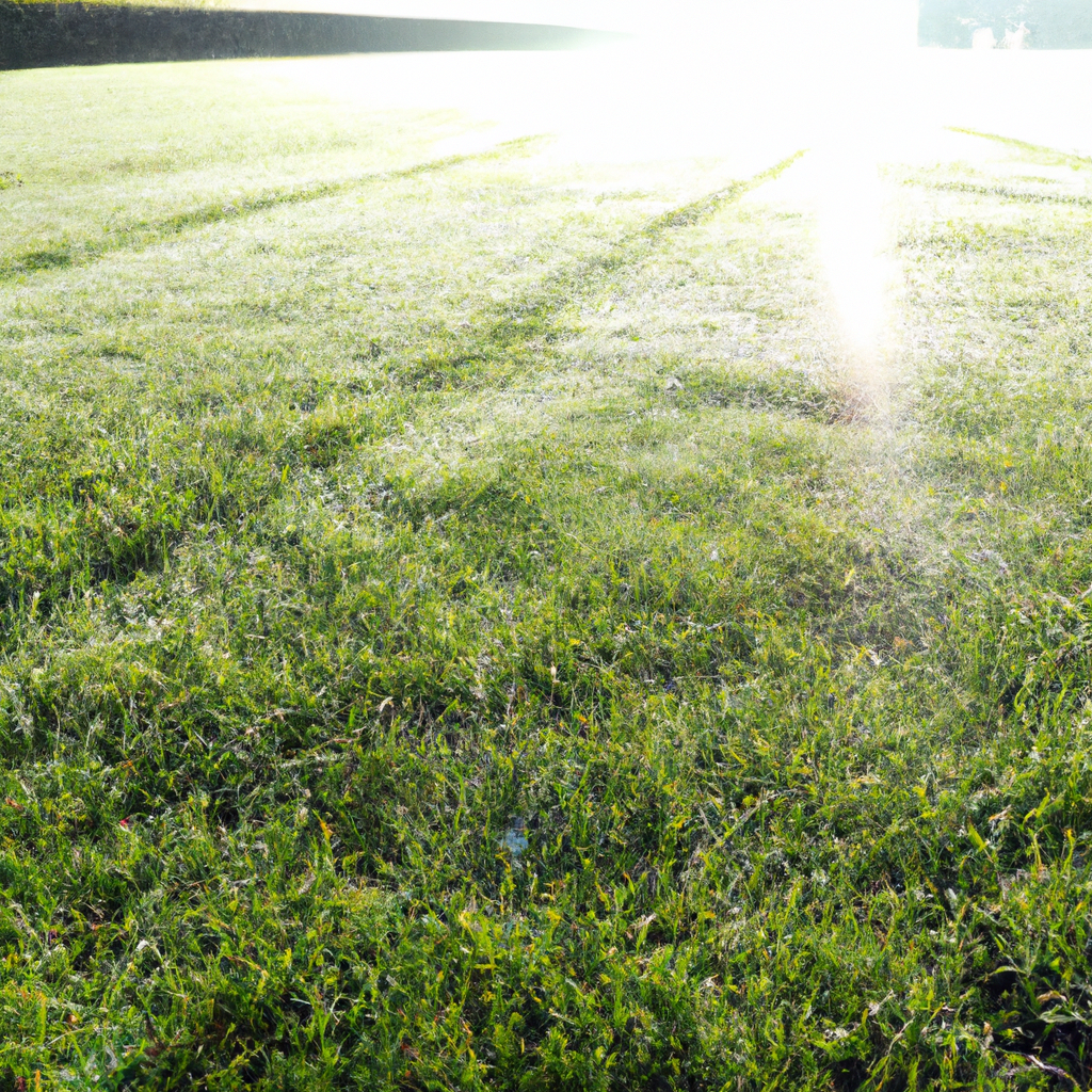 Perfect gemaaid gazon in Belgische tuin bij zonsopgang